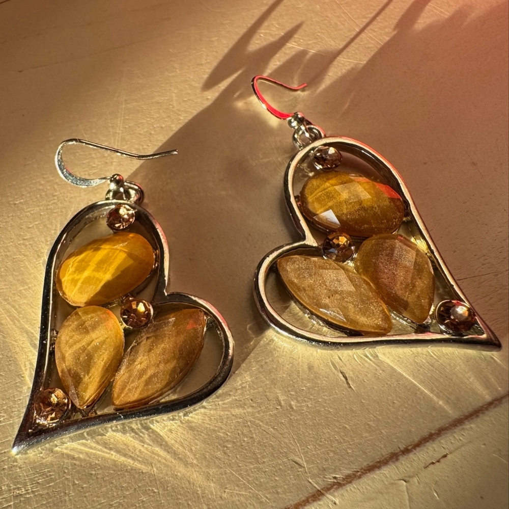 Love Heart Earrings Silver Toned with Amber colored Gems